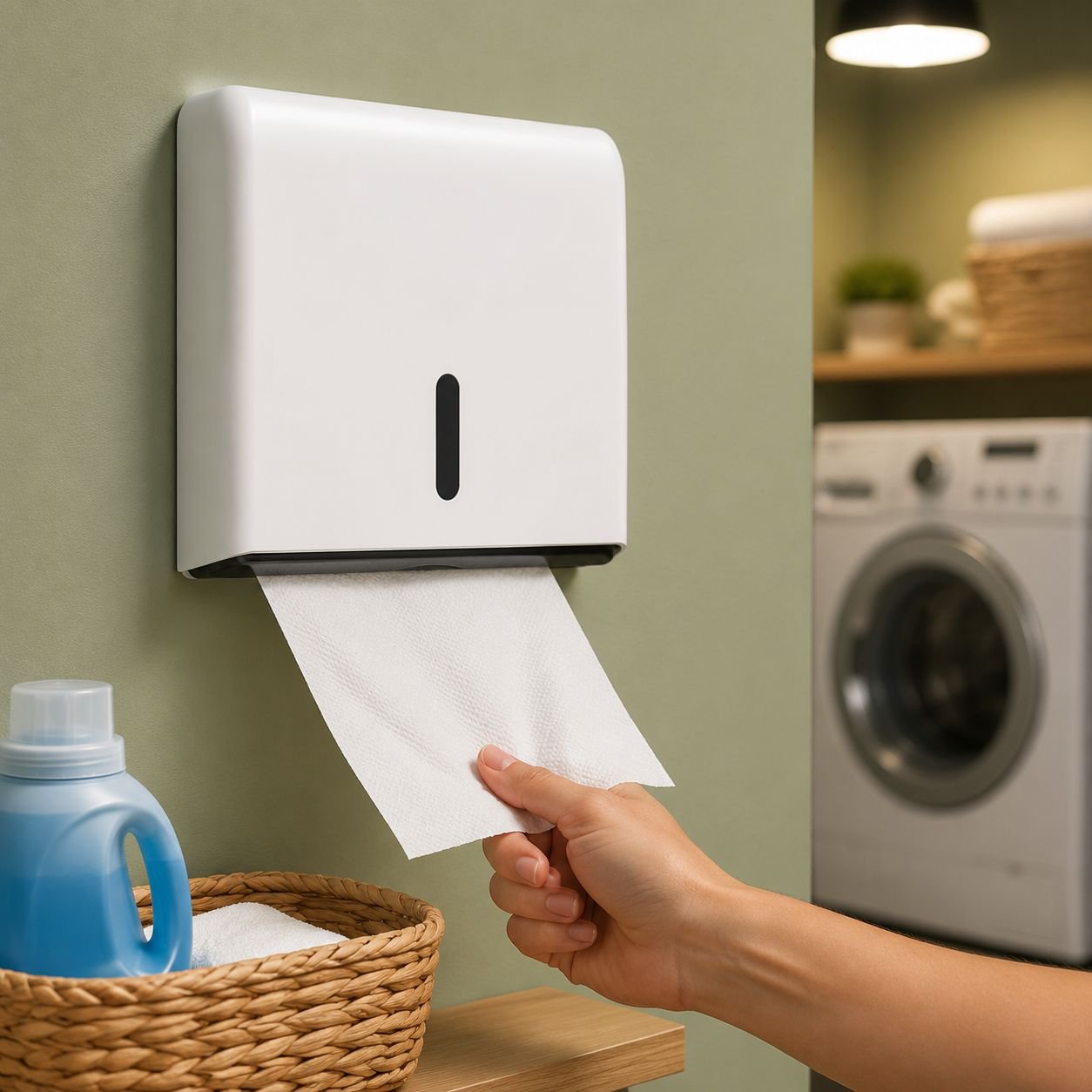 No-Drill Wall Mounted Tissue Box installed in a modern bathroom