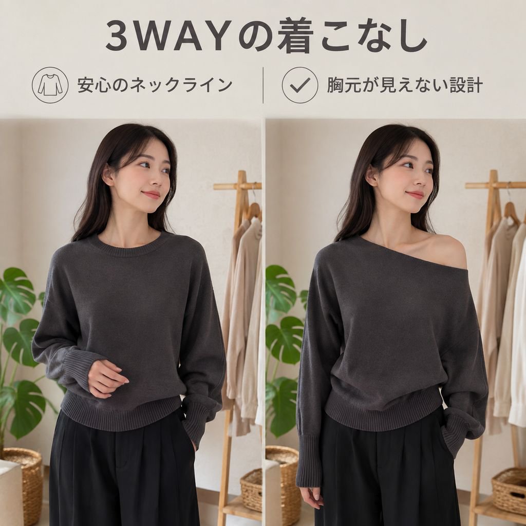 レディース オフショルダーニットセーター（リラックスフィット）