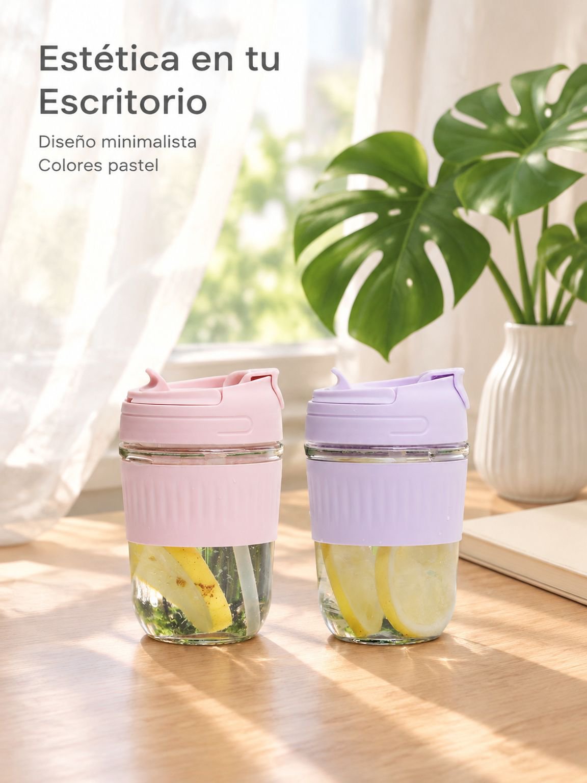 Vaso de vidrio con pajita doble y gran capacidad