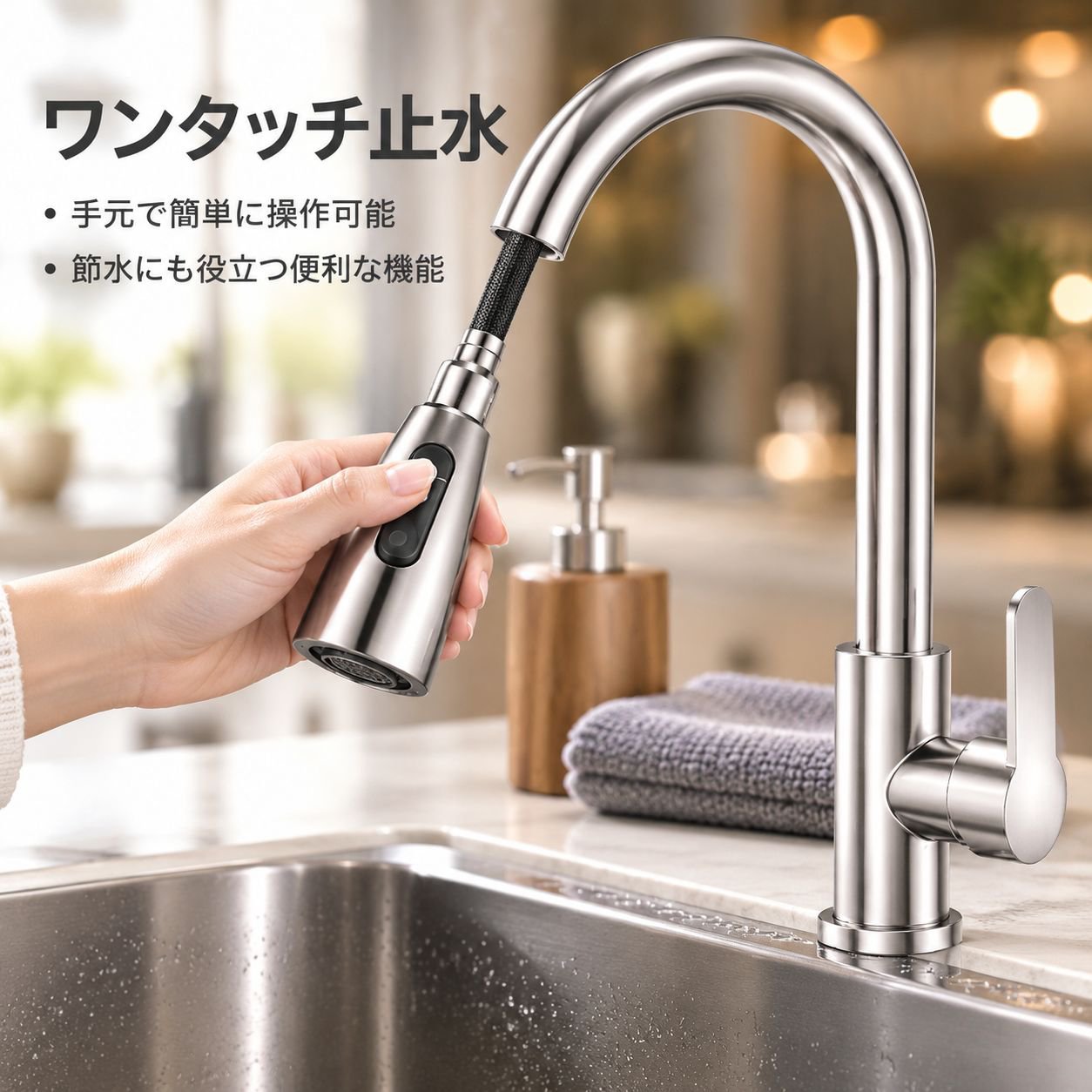 キッチン用引き出し式水栓、温水・冷水兼用、飛沫防止機能付き