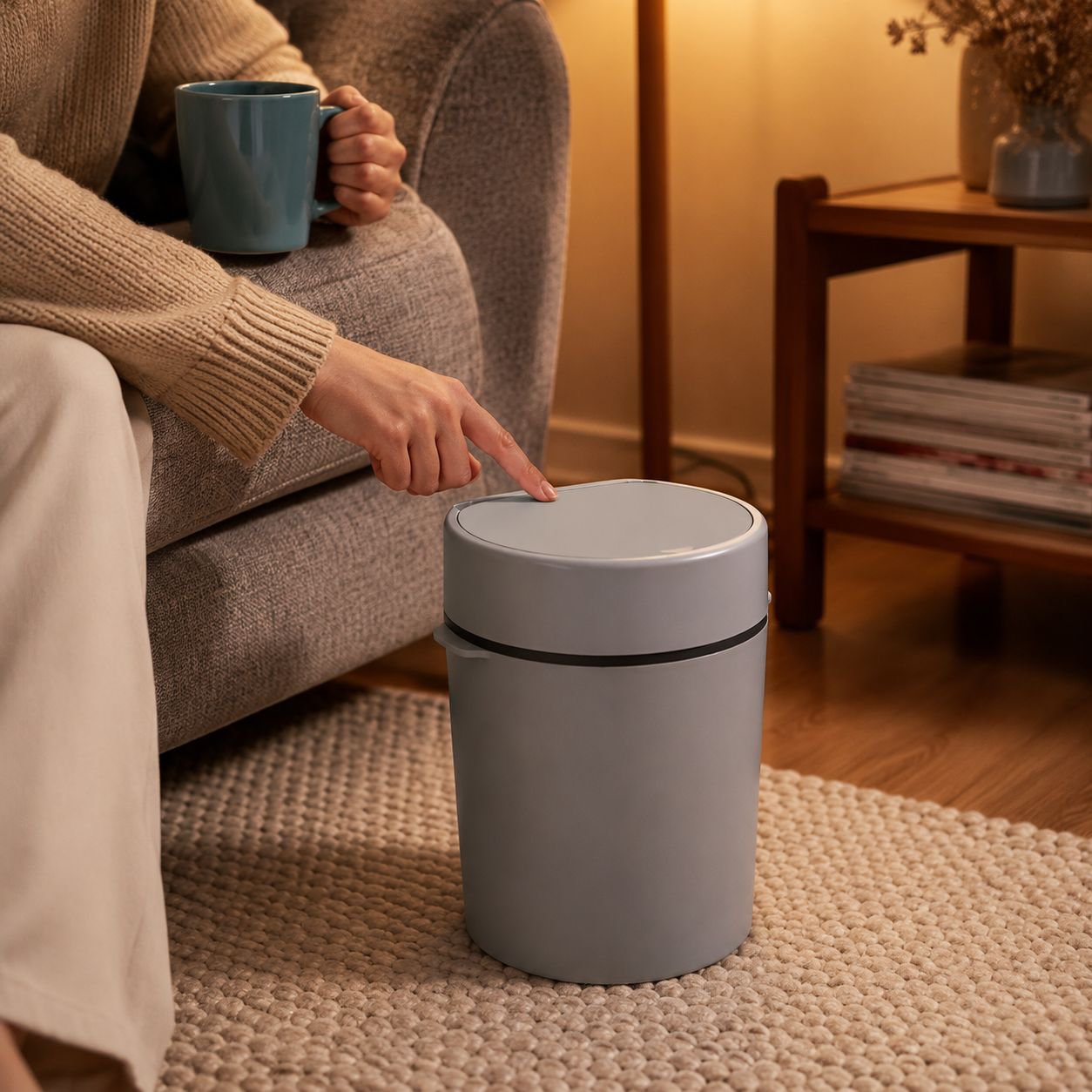 Spacious storage trash can with pop-up lid open