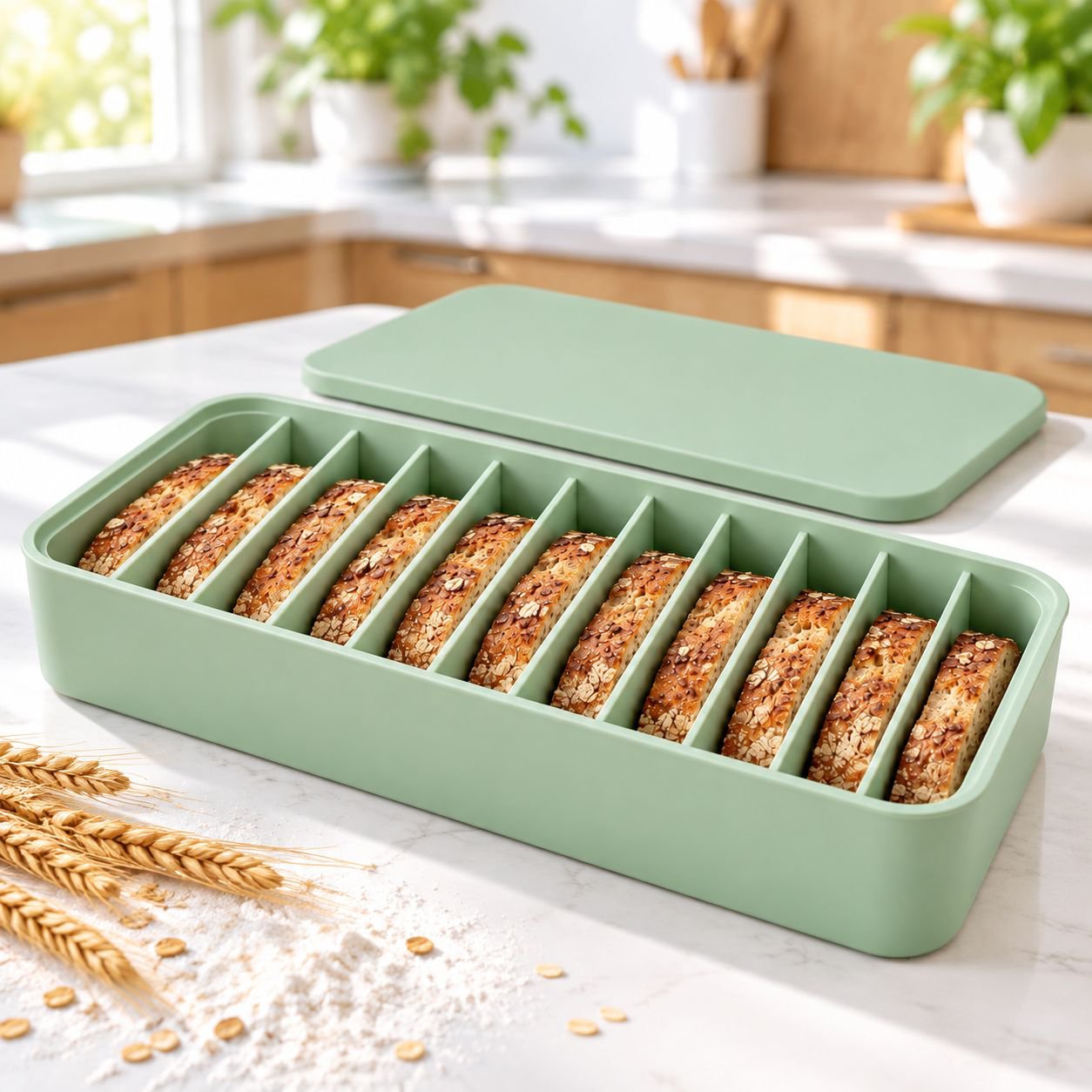 Side view of silicone bread storage box with compartments