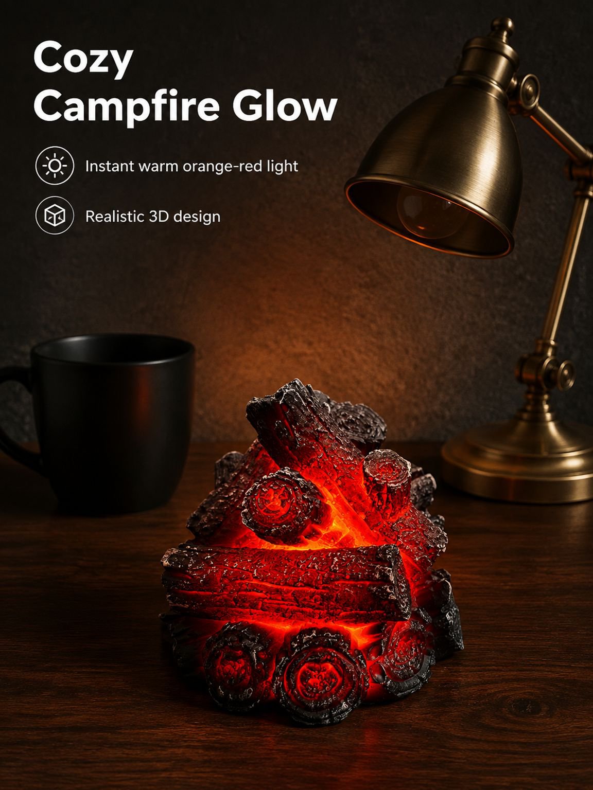 Resin Simulated Charcoal LED Flame Ambient Light, Modern Minimalist Battery-Powered Charcoal Pile, C