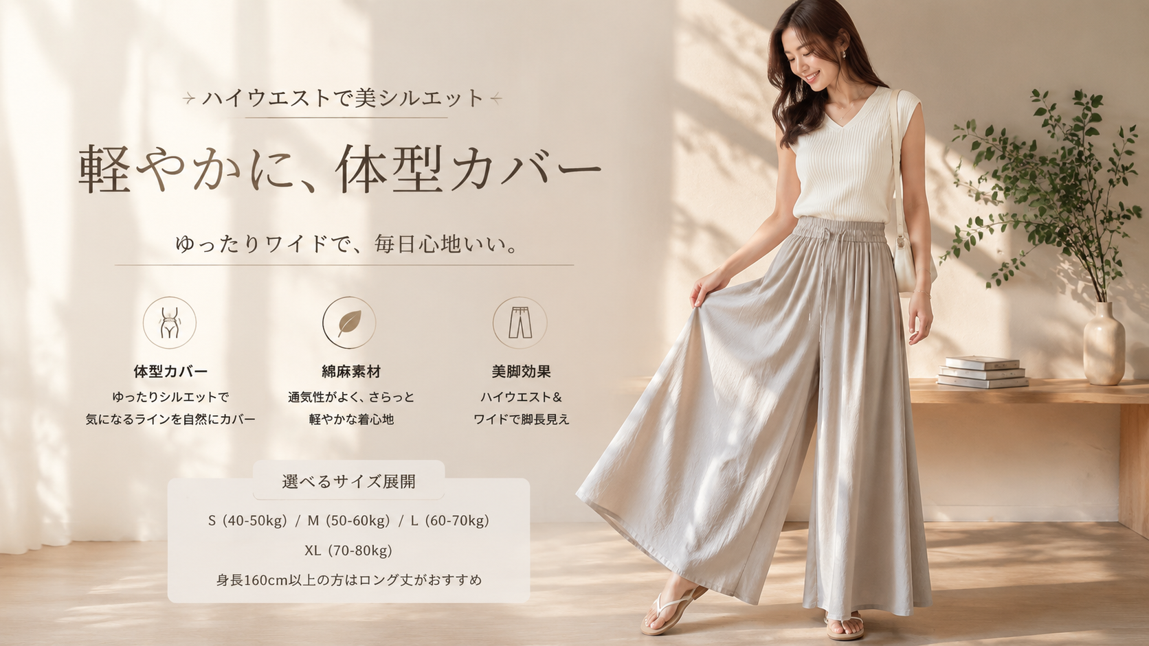 ゆったりハイウエストの綿麻キュロット