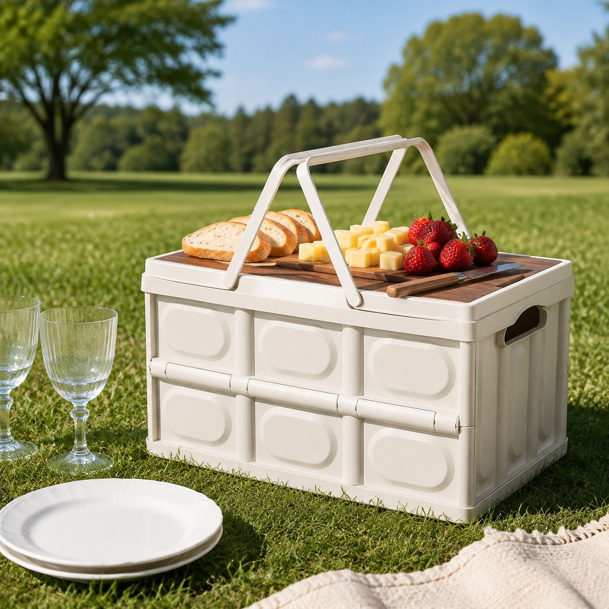 Foldable storage basket with sturdy wooden cover for space-saving