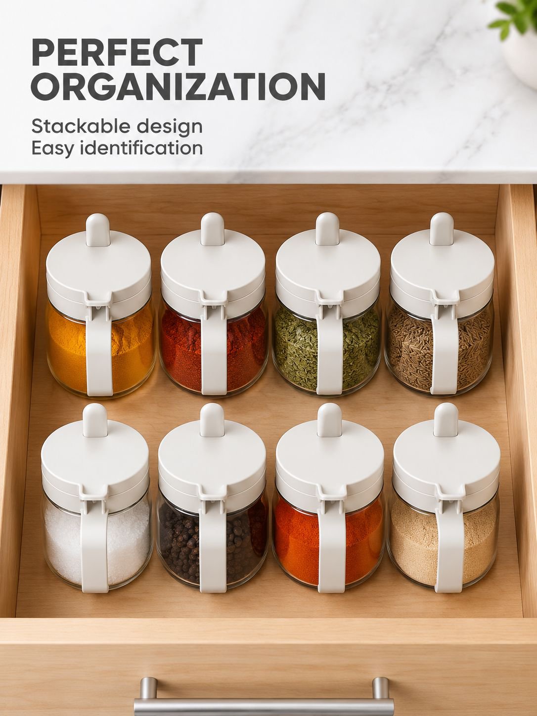 Space saving airtight spice bottle for kitchen countertop organization