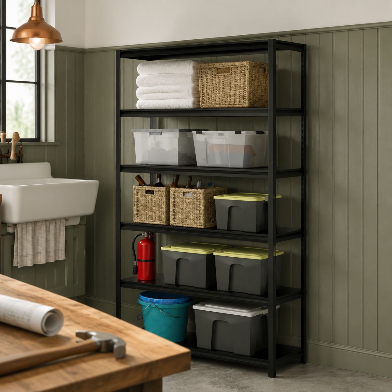 Metal rack with adjustable shelves for workshop