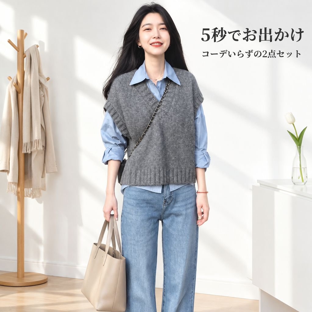 グレー スクールスタイル ニットベスト レディース 秋冬 重ね着 シャツセット