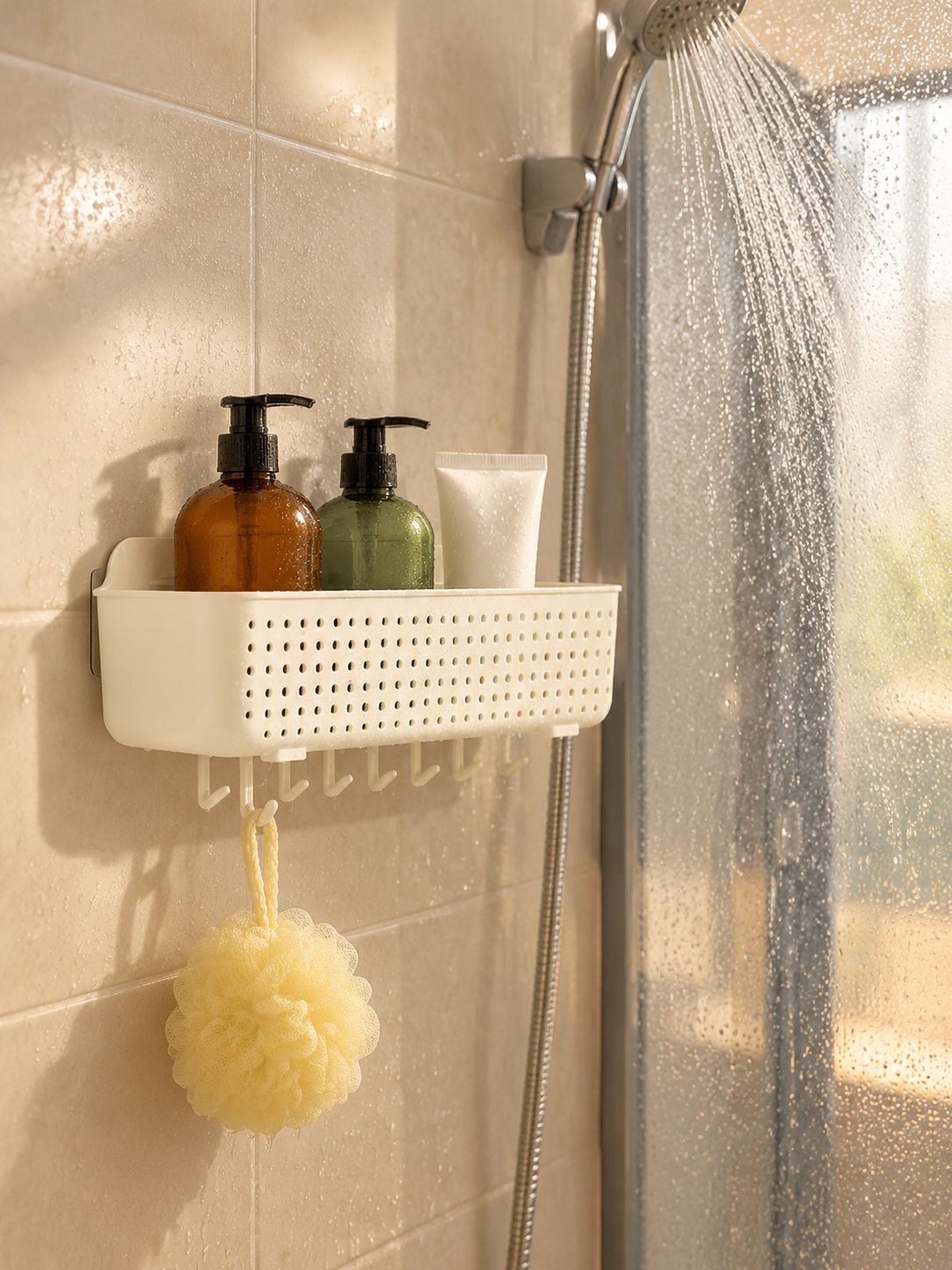 Organizador de baño autoadhesivo sin perforación instalado en azulejos blancos