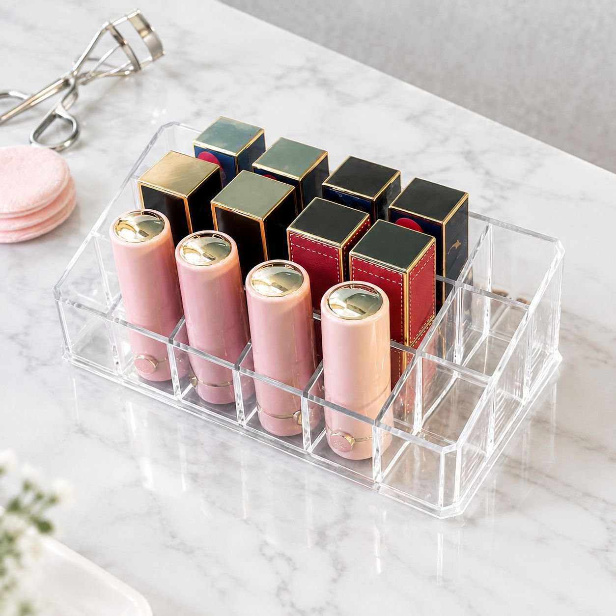 Organizador de labiales transparente con múltiples compartimentos