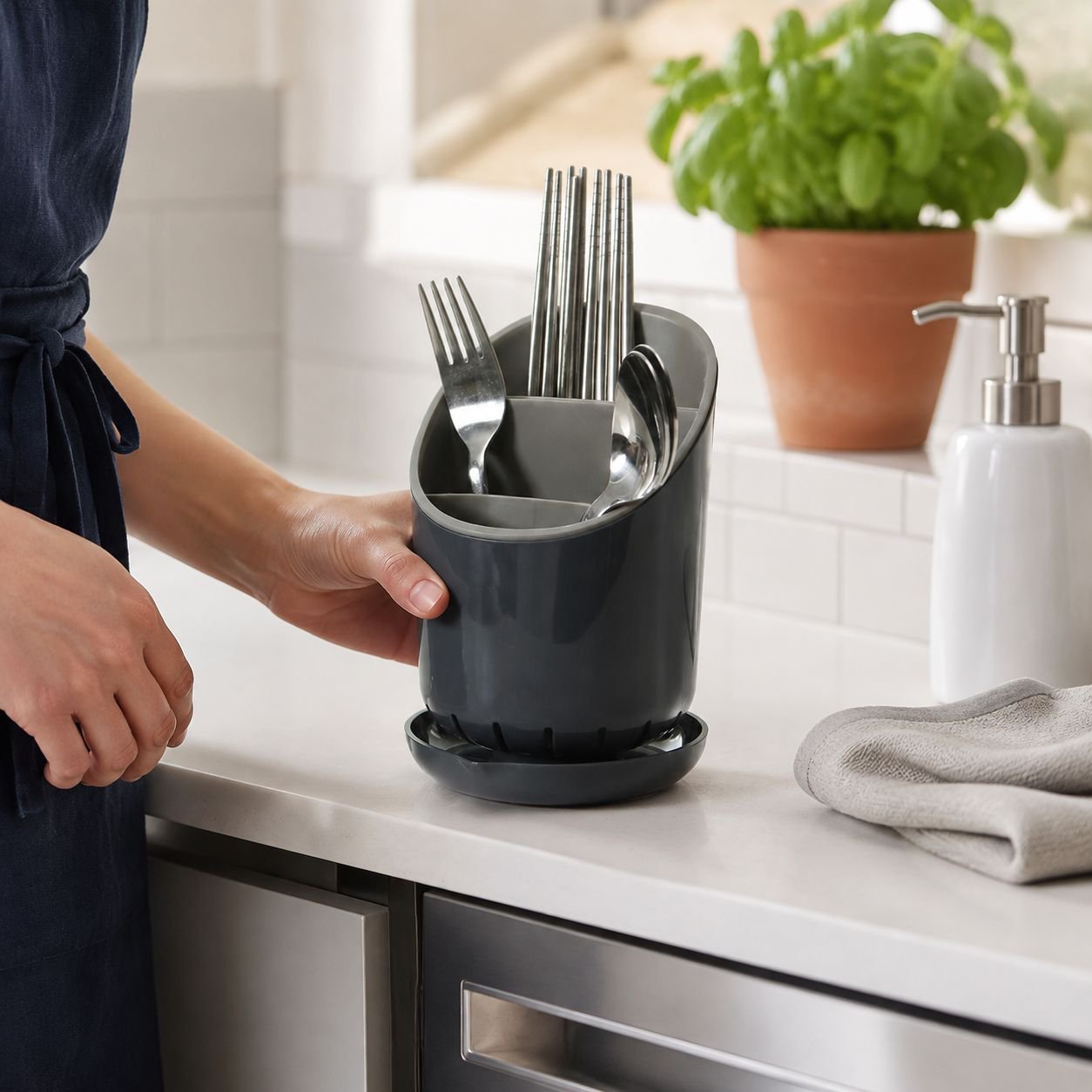Easy-to-clean utensil tray with built-in water drainage