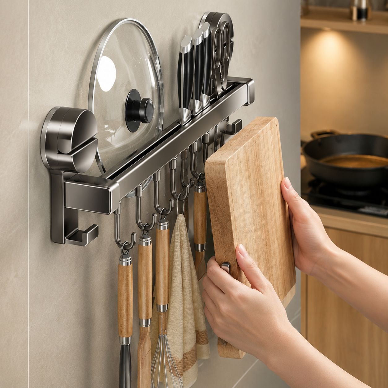 Kitchen Storage Organizer with Gunmetal Gray Hanging Bar