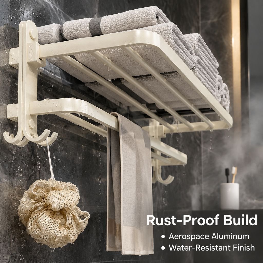 Cream Style Bathroom Towel Rack Punch-Free White Bath Towel Shelf Hardware Set