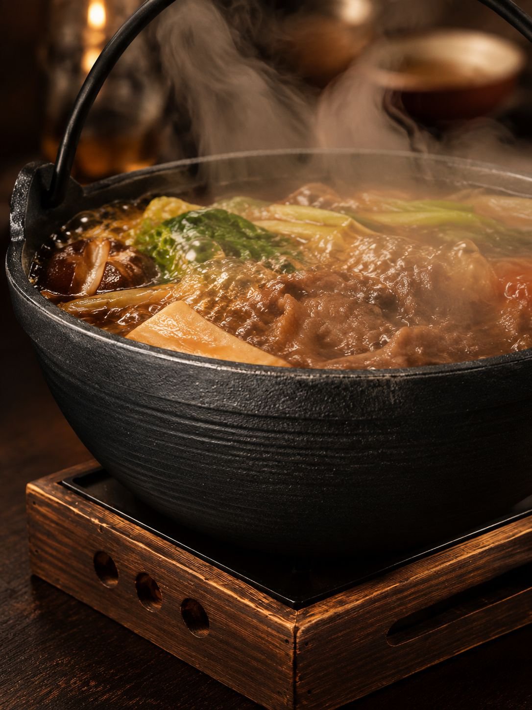 Close-up of JS cast iron sukiyaki pot with handle