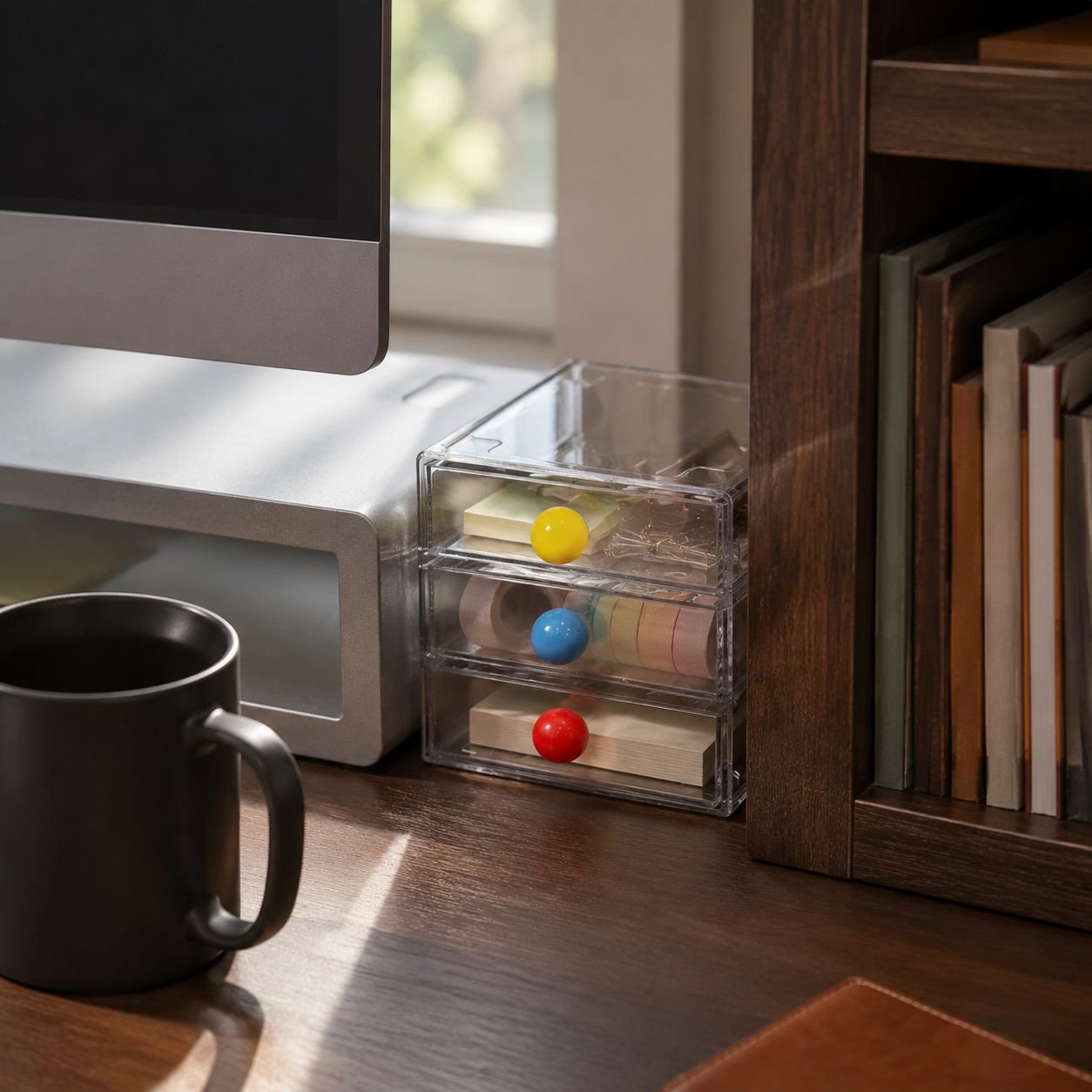 Multi-layer desktop file organizer cabinet on office desk