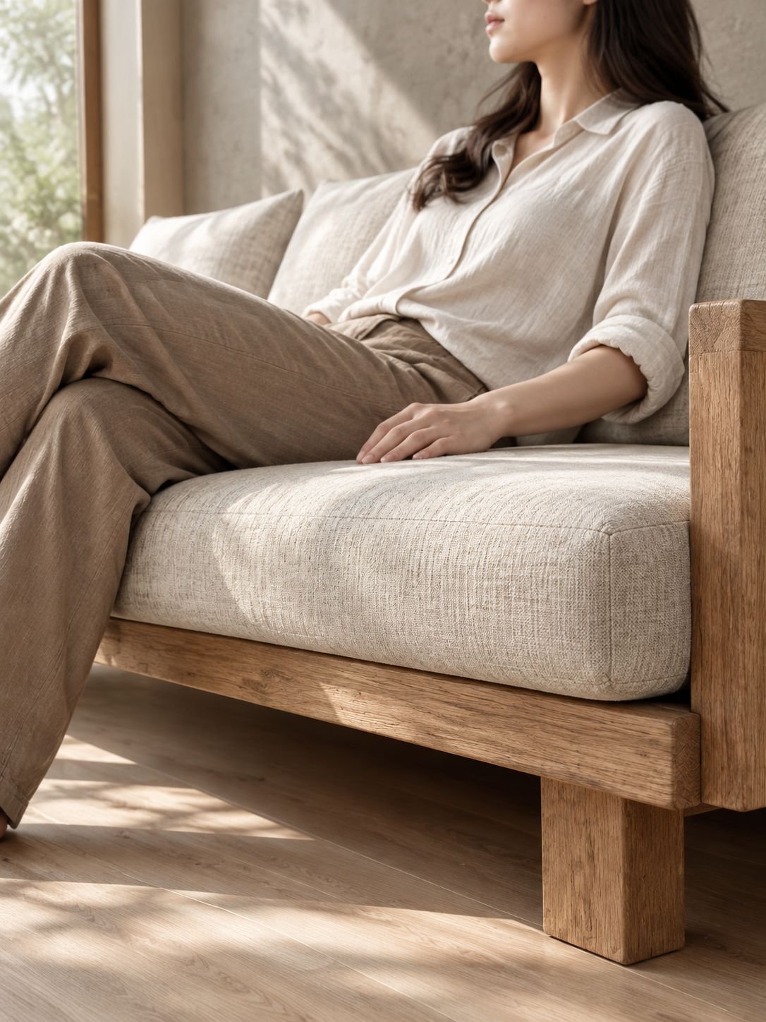 Fauteuil canapé trois places minimaliste en bois massif wabi-sabi