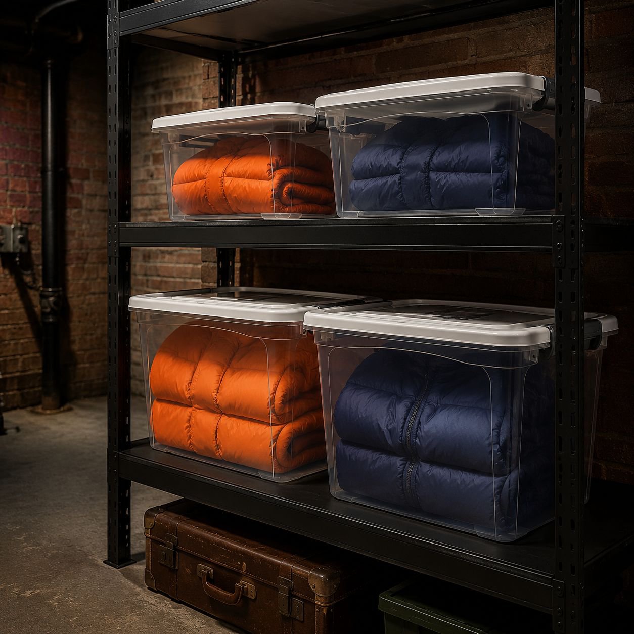 Stacked 35L plastic storage boxes for home organization