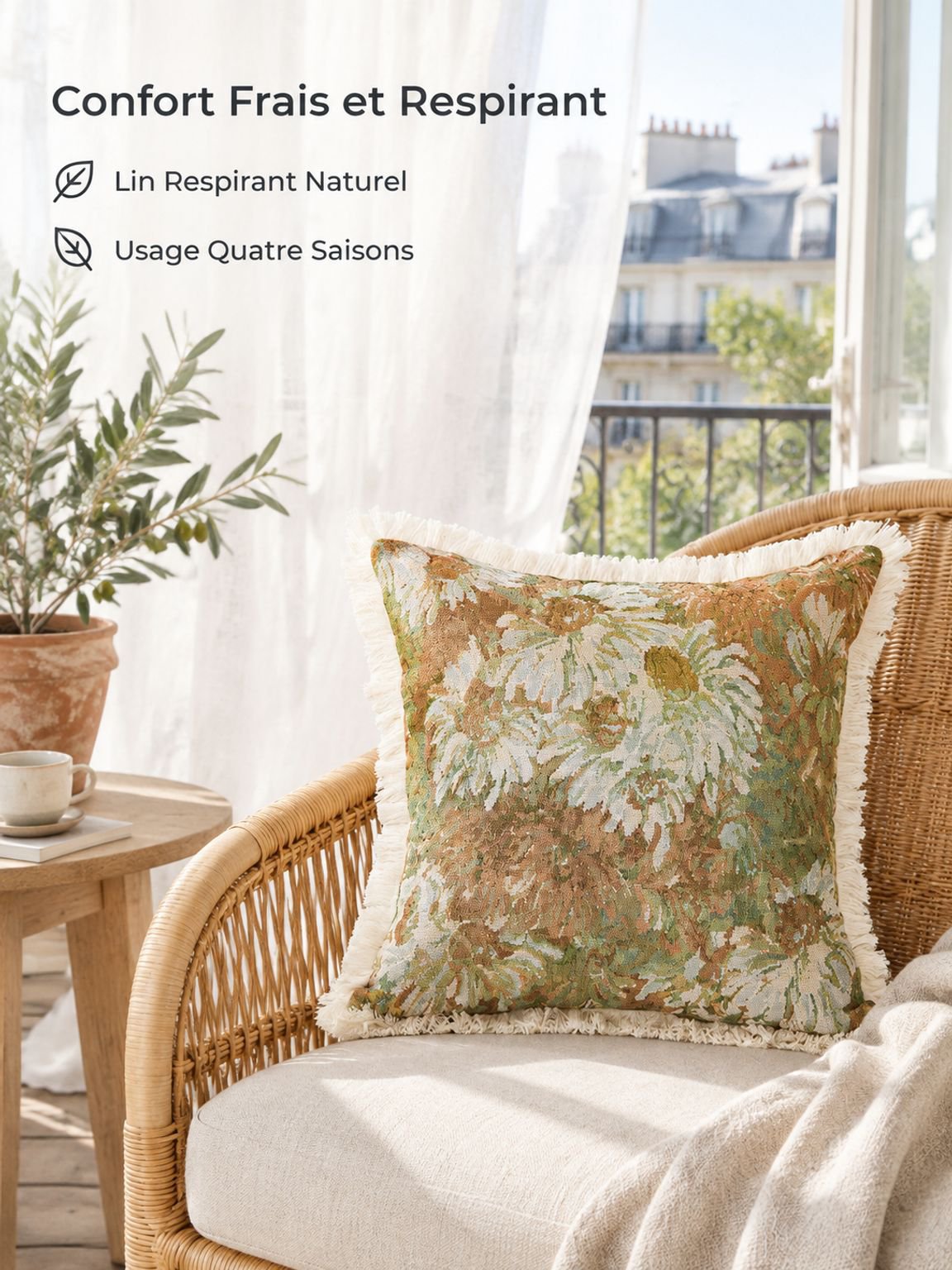 Coussin décoratif rétro en coton et lin