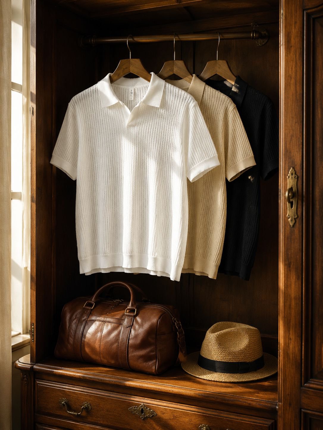 Zoom sur le col V du polo en soie glacée pour homme