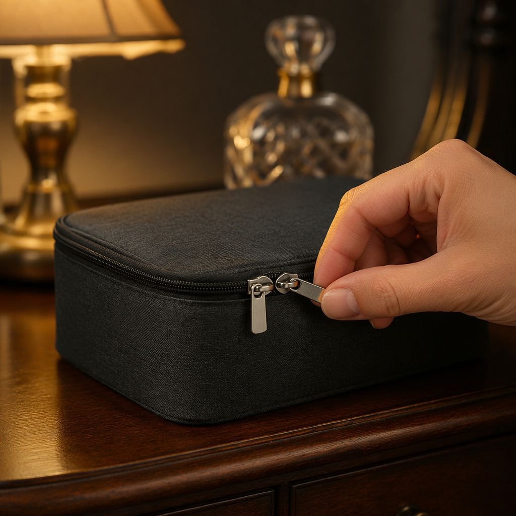 Durable zipper and sturdy handle on makeup organizer
