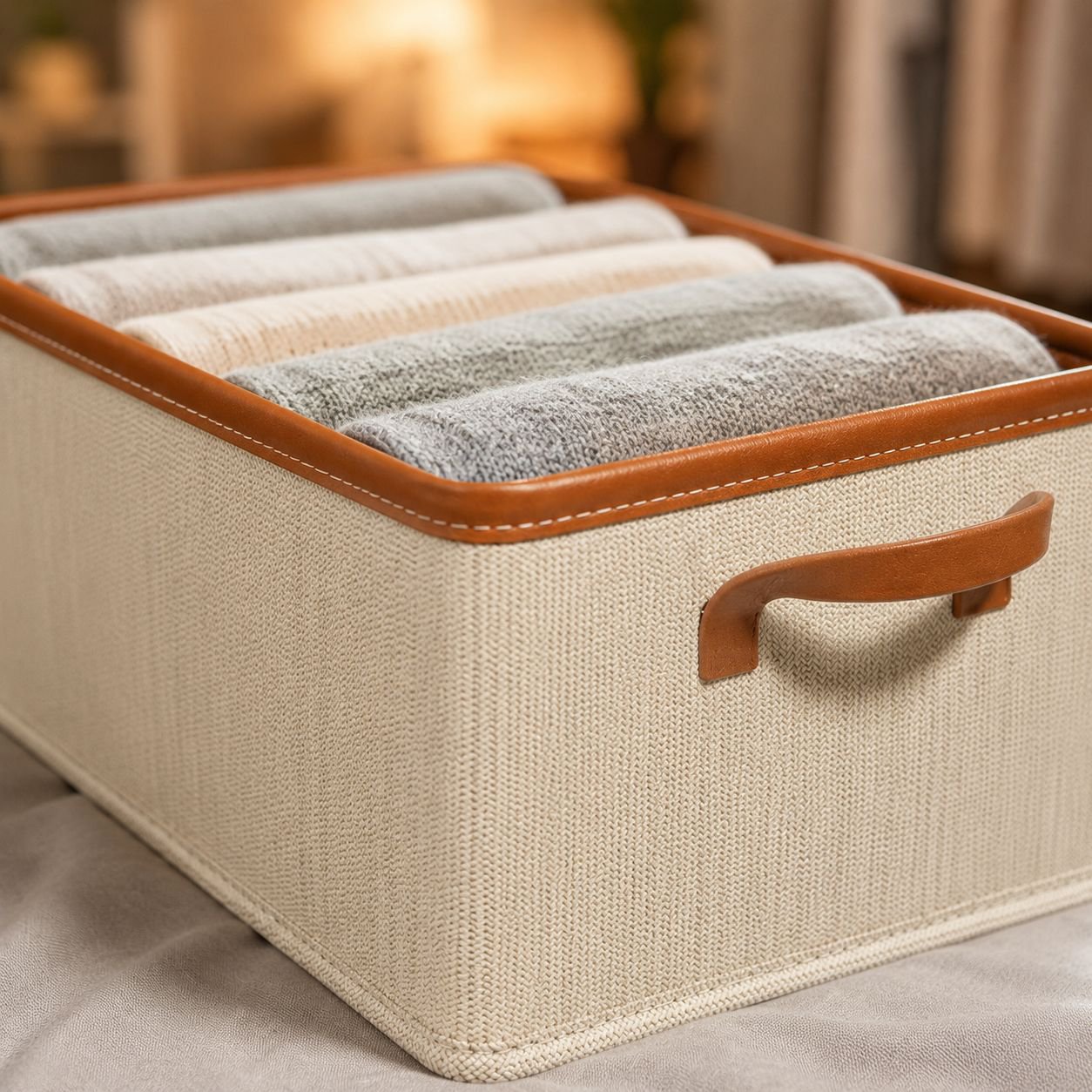 Foldable clothing storage bin holding shirts and pants