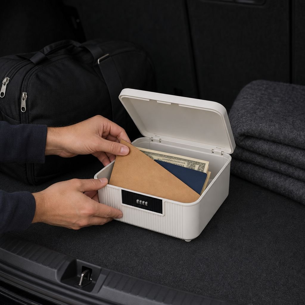 Car storage box holding tools and personal items