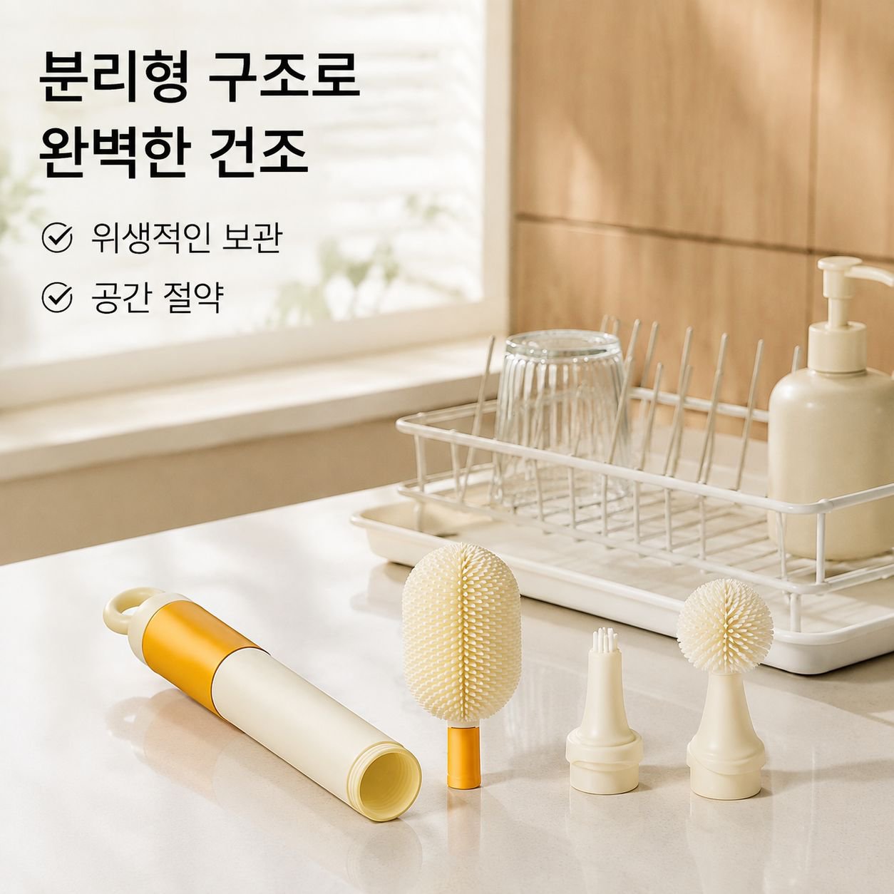 긴 손잡이가 달린 물병 겸 젖병솔이 포함된 다기능 세트
