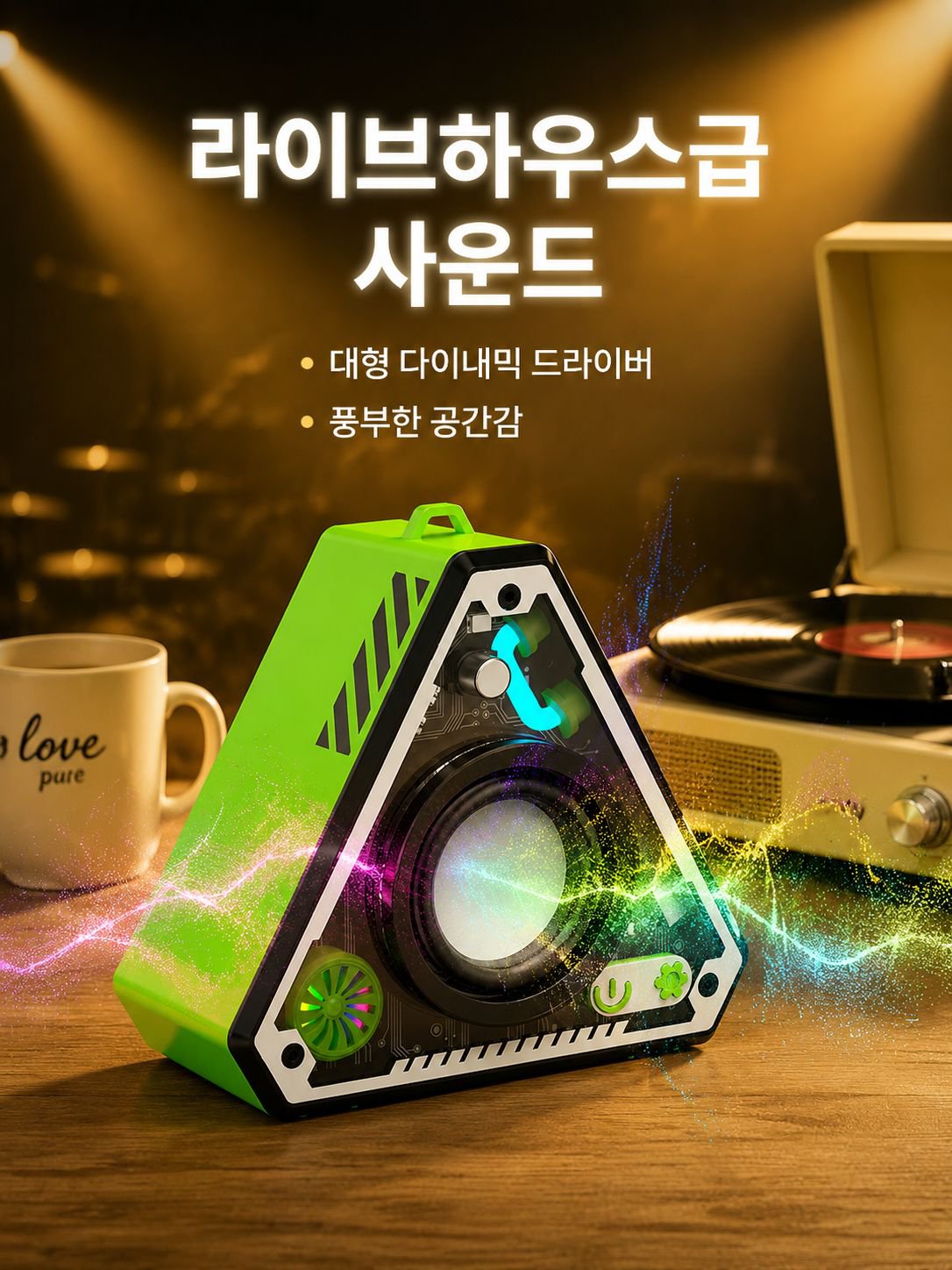 저음 강화 기능이 강조된 무선 스피커 측면 모습