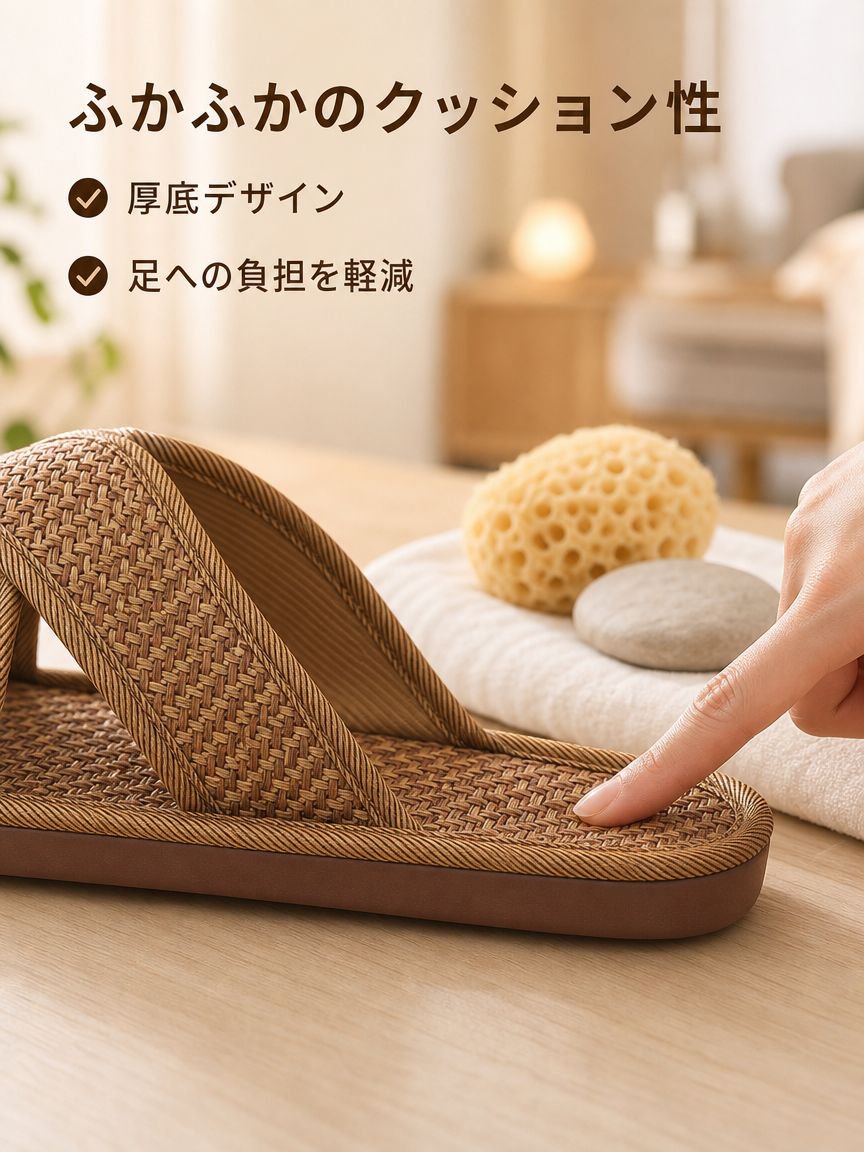 籐とリネンのスリッパ、夏の室内履き、厚底、滑り止め、ソフトソール、春秋スタイル、女性用サンダル、オールシーズン。