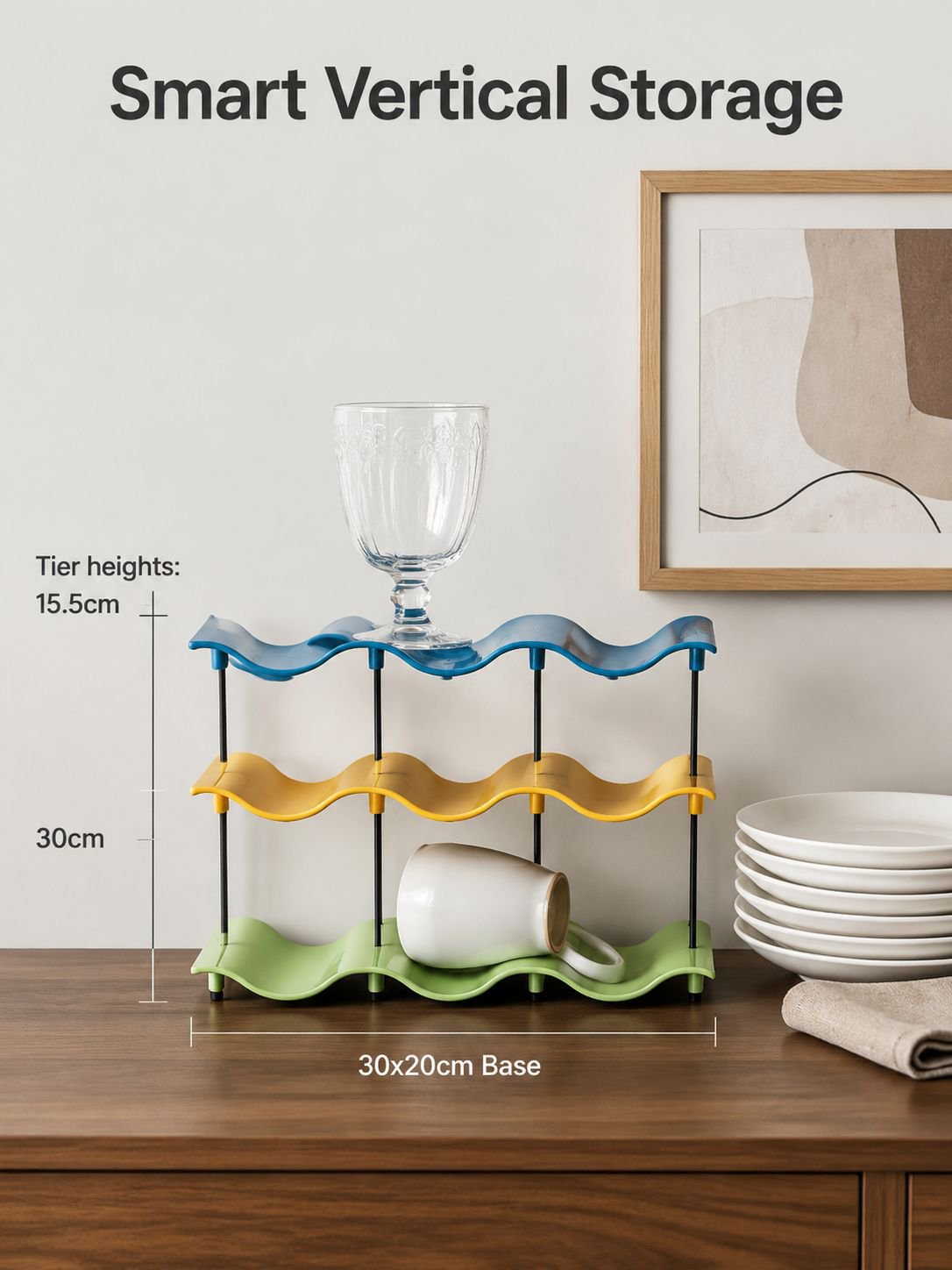 Easy-to-install wave-shaped cup rack for kitchen