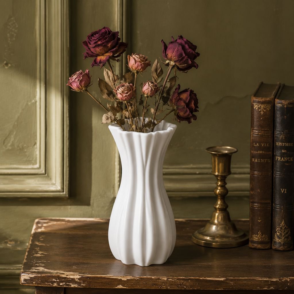 Vase sur pied en plastique style français avec fleurs artificielles rétro pour décoration intérieure