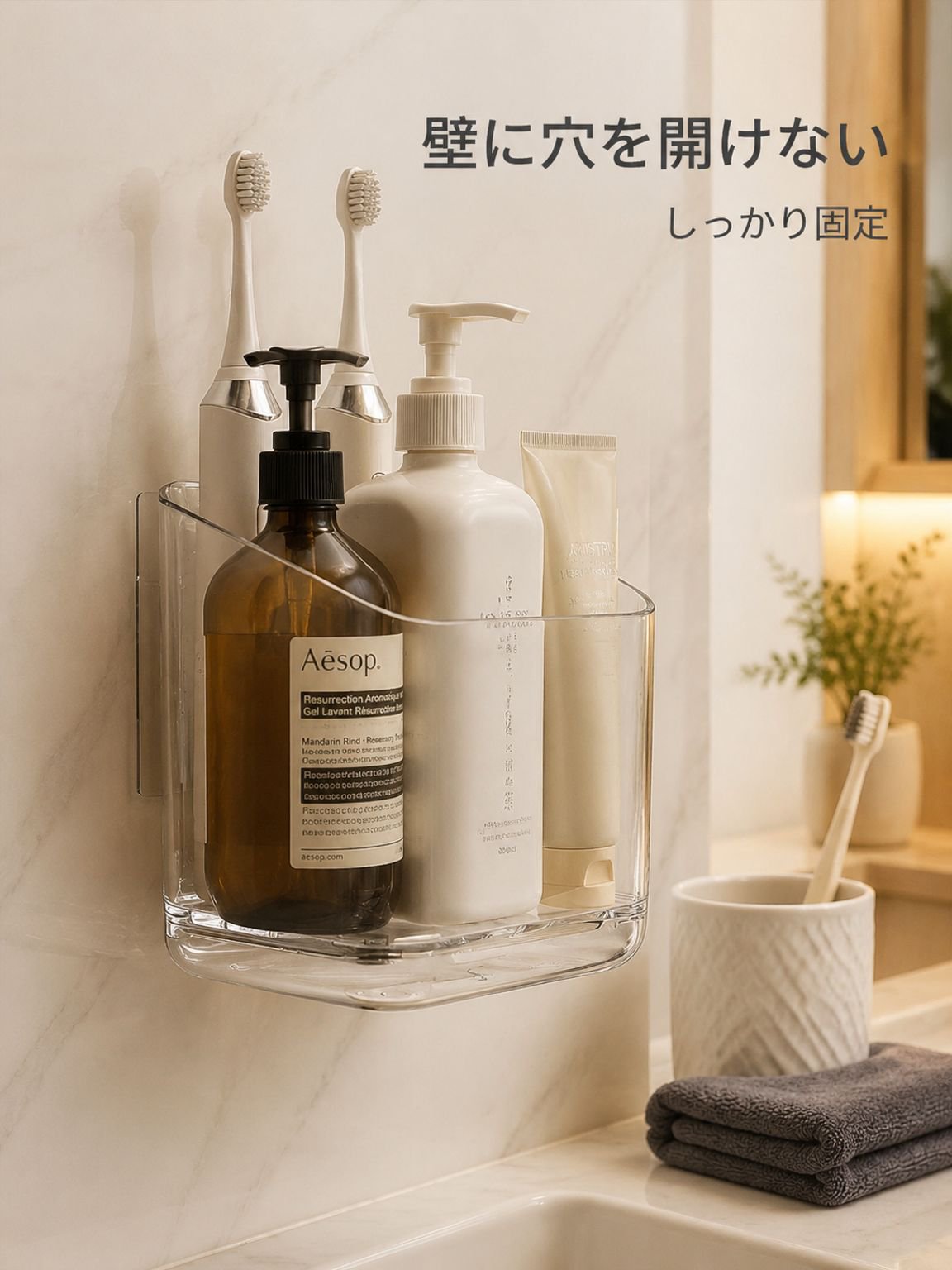 仕切り棚付きのバスルーム、ドリル不要の歯ブラシと歯磨き粉の収納ボックス、壁掛け式洗面用品収納ラック