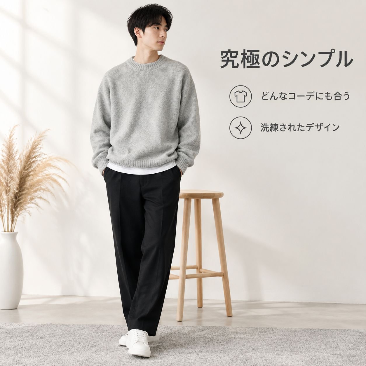 メンズ 無地 ドロップショルダー クルーネックニット