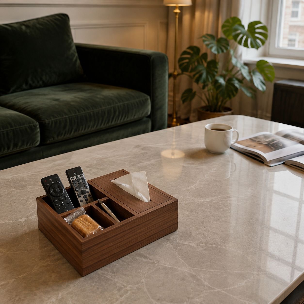 Home organization coffee table with tissue holder