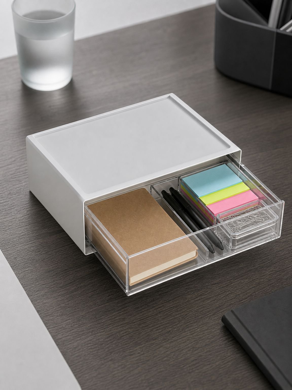 Vielseitige Kunststoffbox zur Organisation von Büroartikeln
