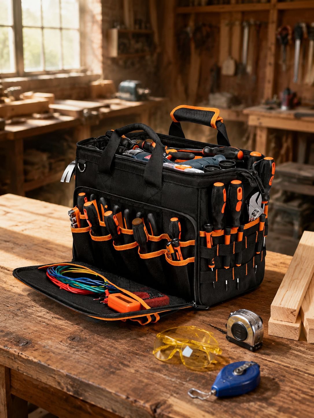 17-inch Heavy Duty Electrician Bag for Men, Foldable Wide-Mouth Storage Bag with Adjustable Shoulder