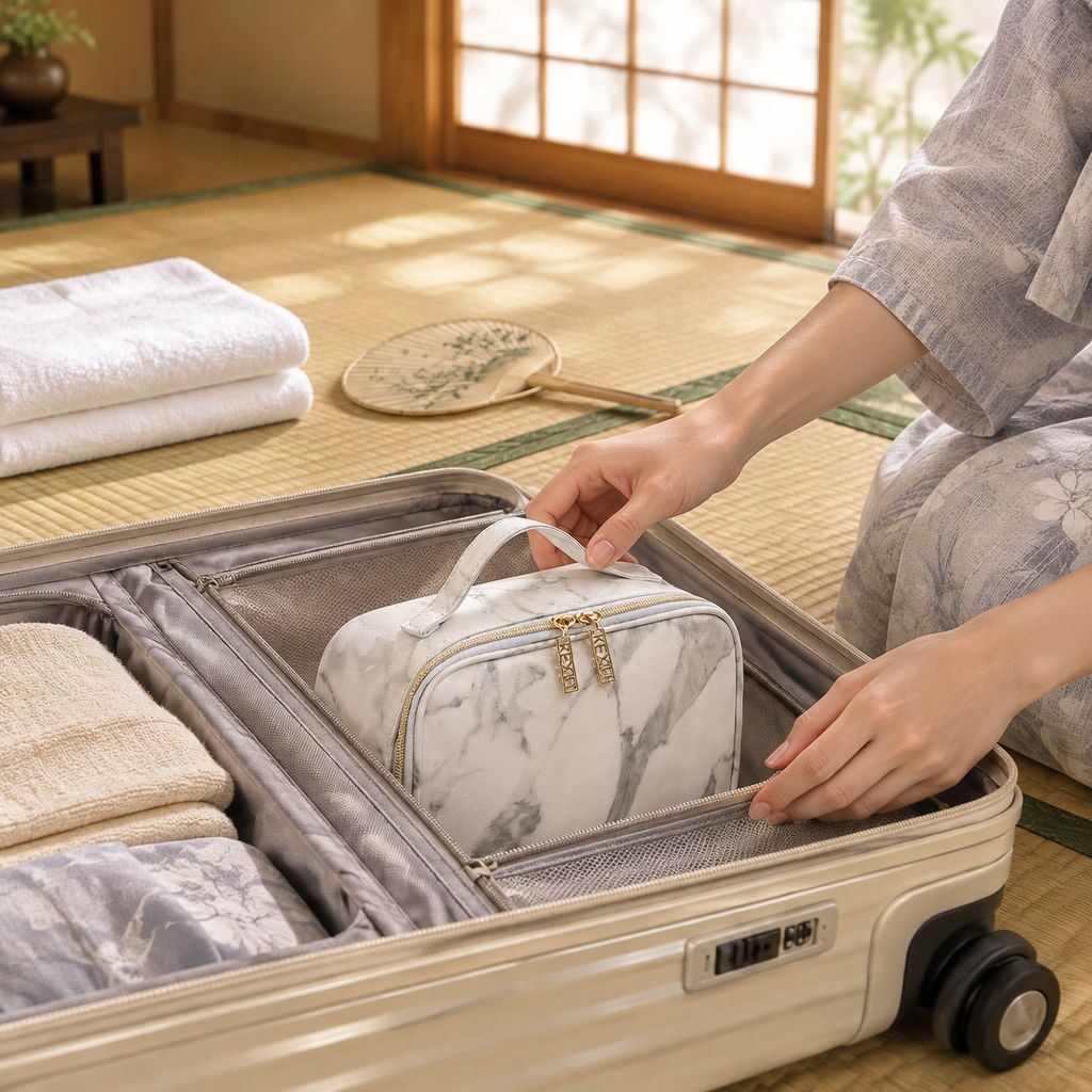 大理石柄コスメポーチ付き旅行用ハンドバッグ