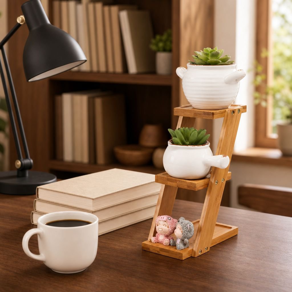 Compact bamboo plant stand on workspace