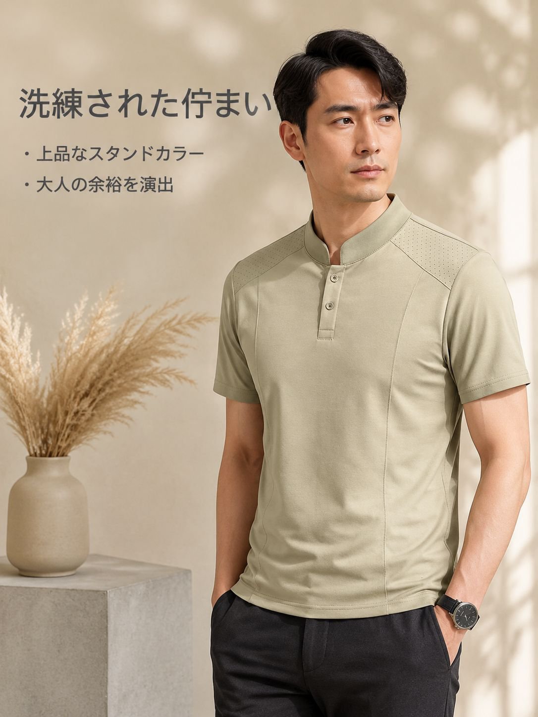 メンズファッショナブルなスタンドカラー半袖Tシャツ、シンプルで高級感