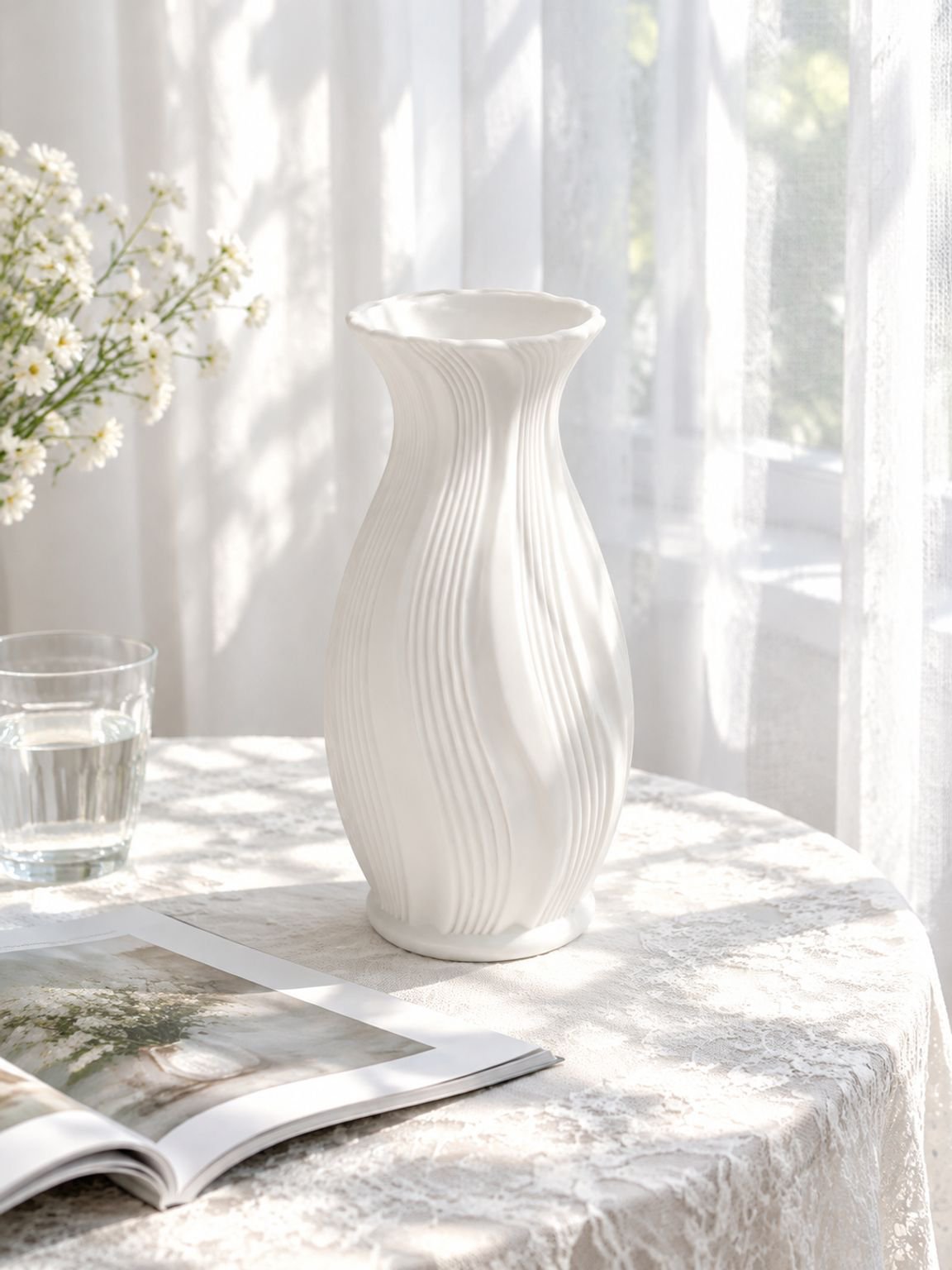 Colorful flower vase displayed on a living room shelf