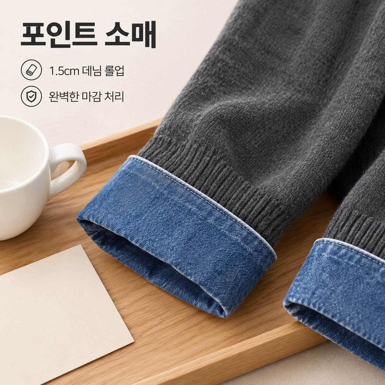 가을겨울 여성 POLO 카라 데님 배색 레이어드 니트 상의
