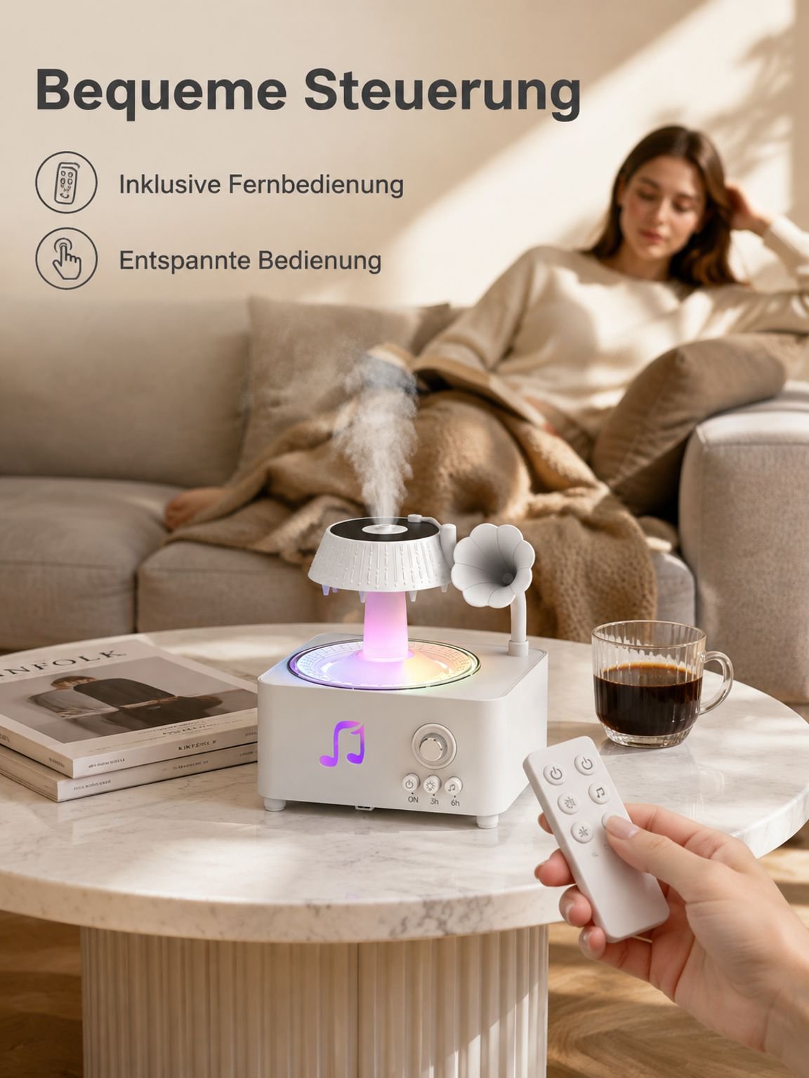Kabelloser leiser Aromadiffusor im Retro-Design mit Fernbedienung und 7-farbigem Ambientelicht