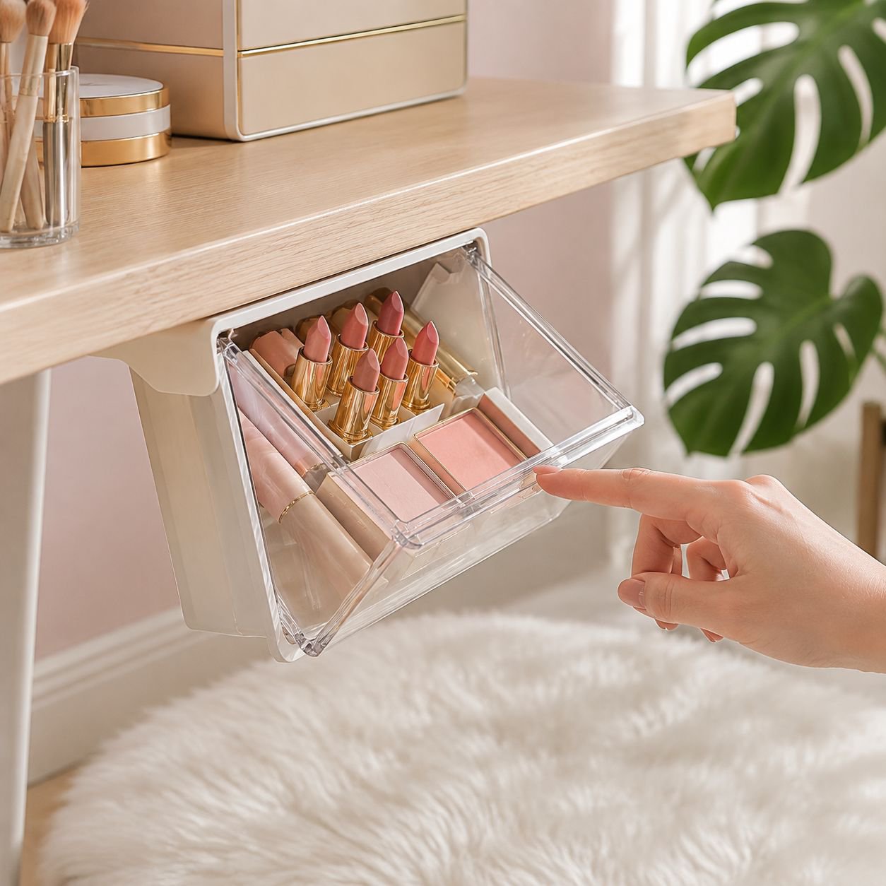 Clear storage box showcasing organized office supplies