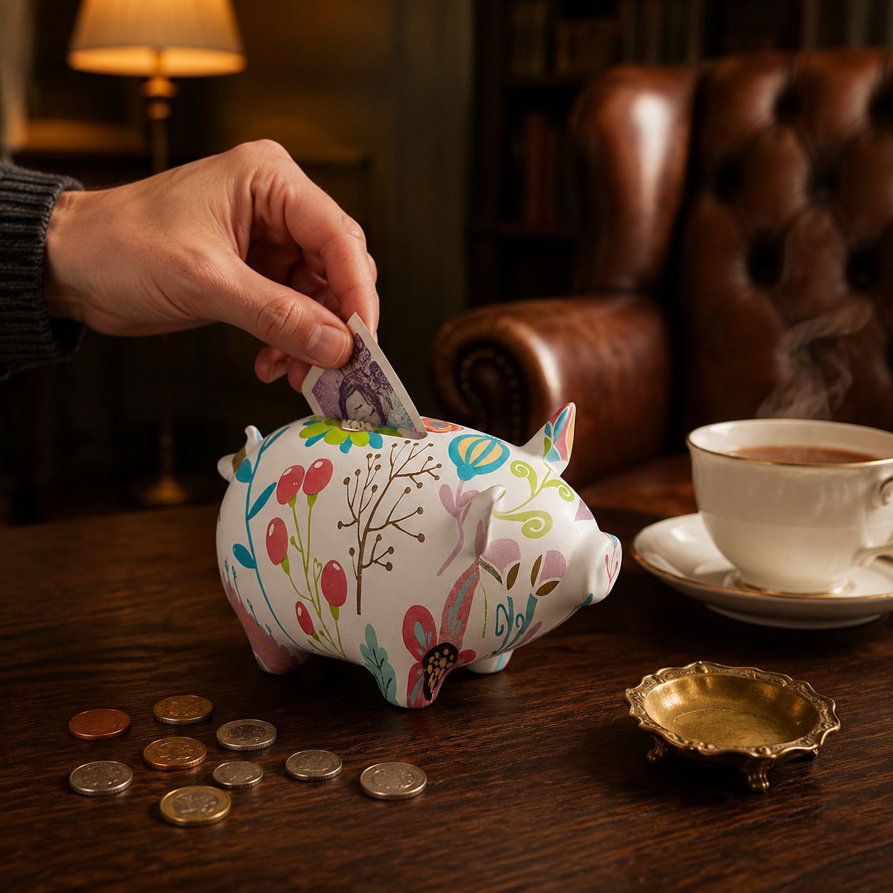 Mini ceramic coin bank with artistic water transfer design