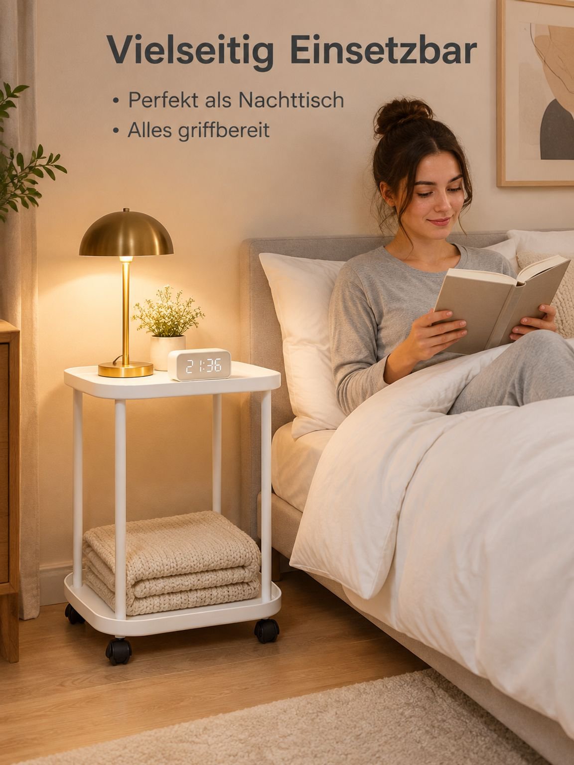 Mobiler Beistelltisch aus Kunststoff / Rollwagen für Schlaf- und Wohnzimmer