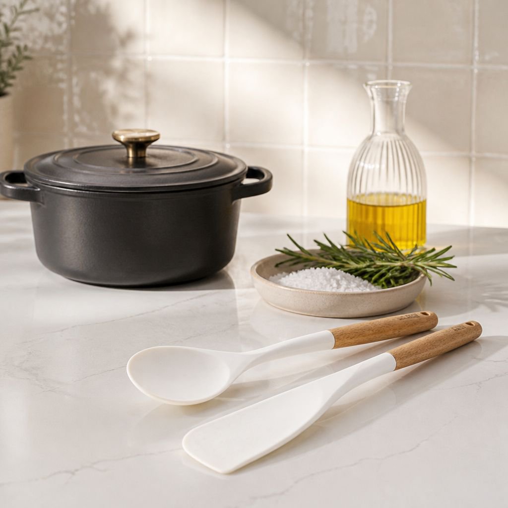 Set de lingură și spatulă din silicon cu mâner scurt din lemn