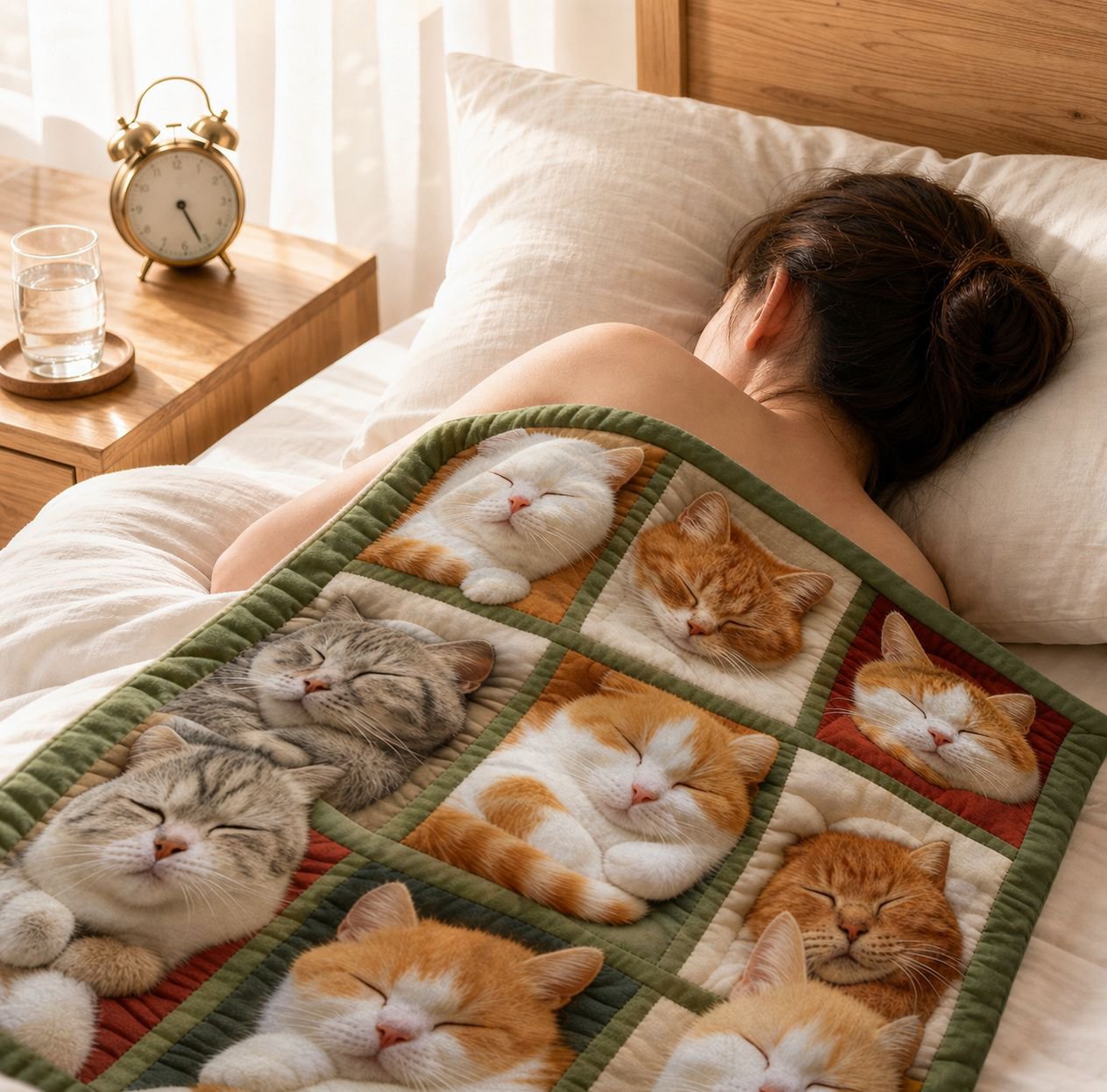 Adorable digital print cat blanket on bed