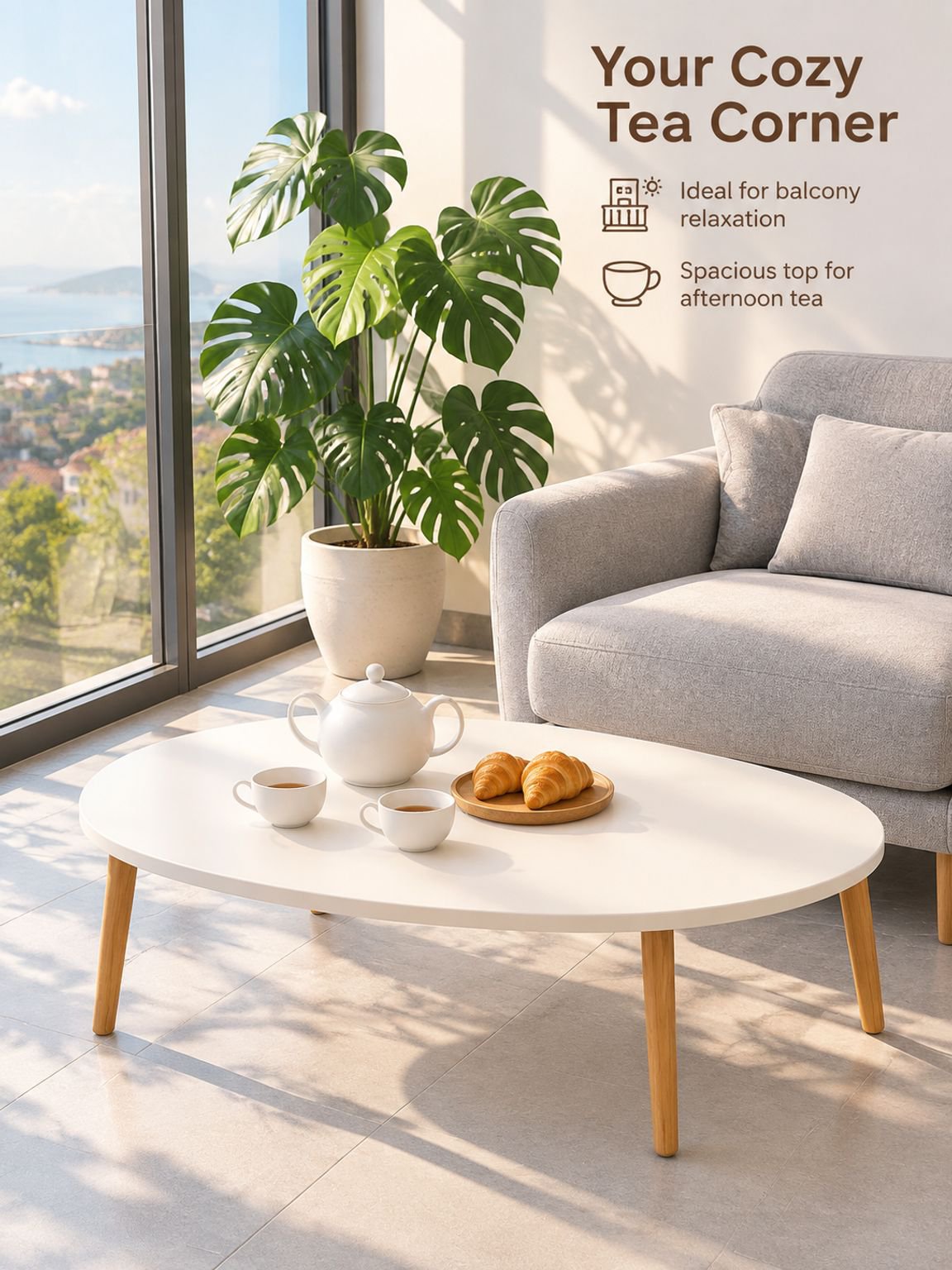 Cream side table shown in a bedroom and living room setting