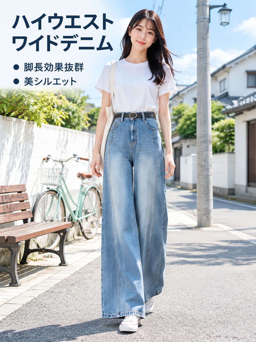 着痩せして見える、落ち感のあるデニムパンツ