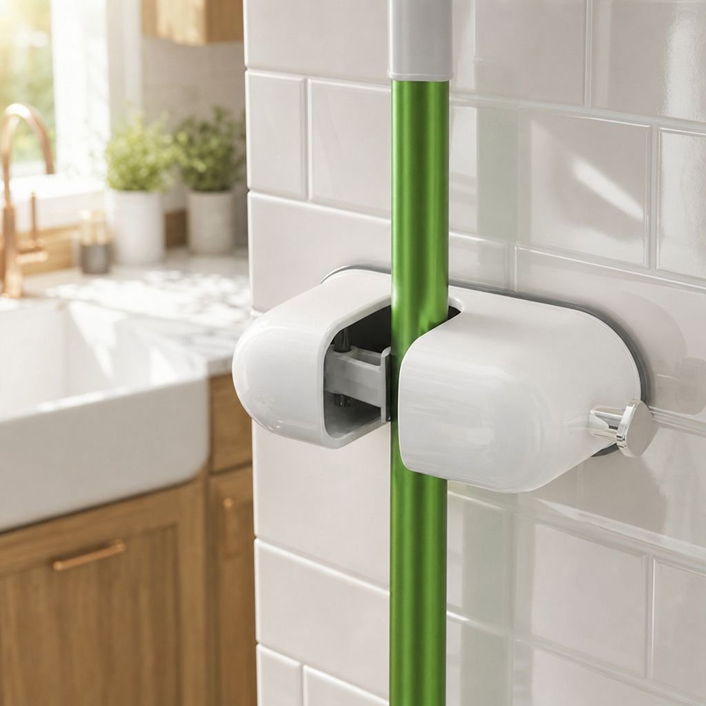 Strong suction cup hook securing mop handle